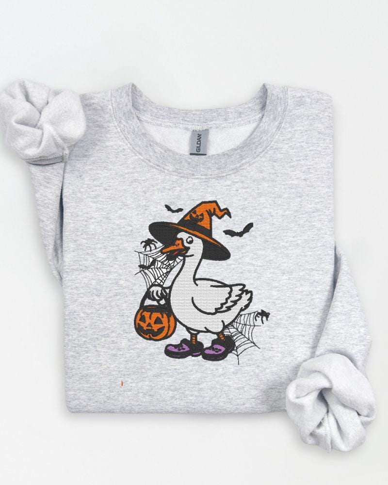 Halloween Goose Embroidered Sweatshirt | Witch Goose Crewneck | Spooky Fall Pullover | Cute Autumn Embroidery Sweater