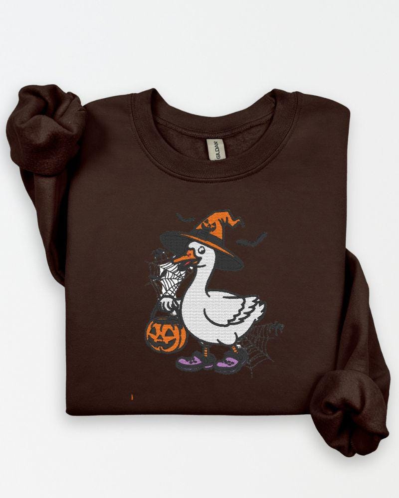 Halloween Goose Embroidered Sweatshirt | Witch Goose Crewneck | Spooky Fall Pullover | Cute Autumn Embroidery Sweater