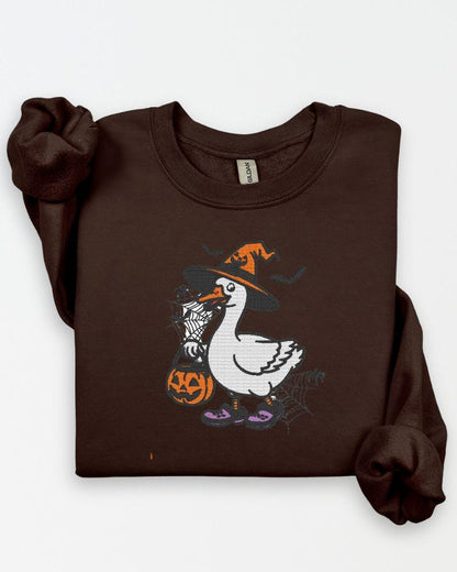 Halloween Goose Embroidered Sweatshirt | Witch Goose Crewneck | Spooky Fall Pullover | Cute Autumn Embroidery Sweater