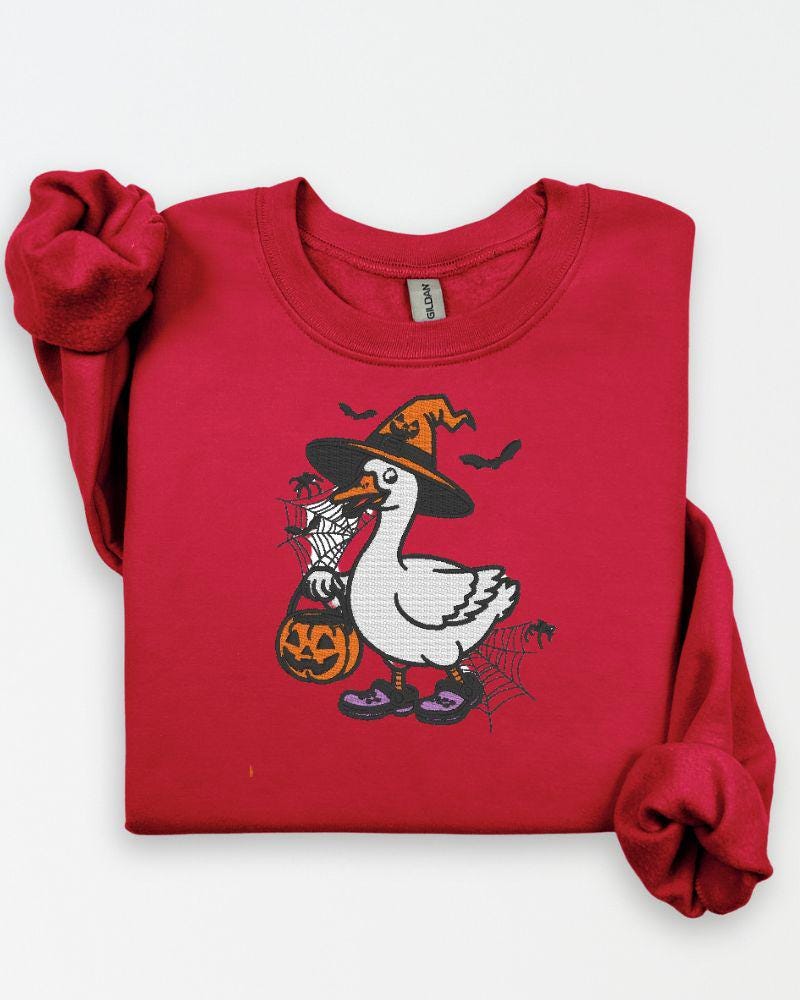 Halloween Goose Embroidered Sweatshirt | Witch Goose Crewneck | Spooky Fall Pullover | Cute Autumn Embroidery Sweater