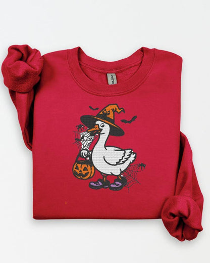 Halloween Goose Embroidered Sweatshirt | Witch Goose Crewneck | Spooky Fall Pullover | Cute Autumn Embroidery Sweater