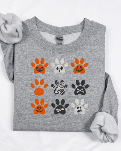 Halloween Embroidered Paw Print Sweatshirt – Cute Fall Dog Lover Shirt, Spooky Pumpkin & Ghost Design, Unisex Cozy Autumn Crewneck