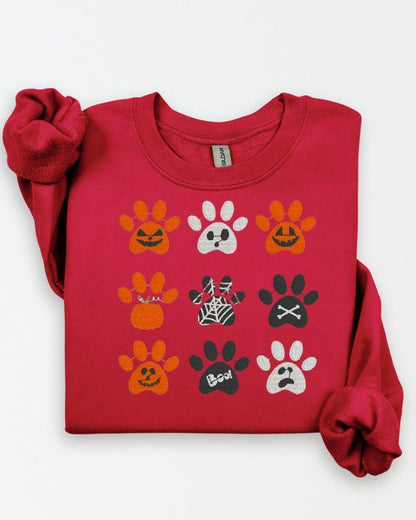 Halloween Embroidered Paw Print Sweatshirt – Cute Fall Dog Lover Shirt, Spooky Pumpkin & Ghost Design, Unisex Cozy Autumn Crewneck