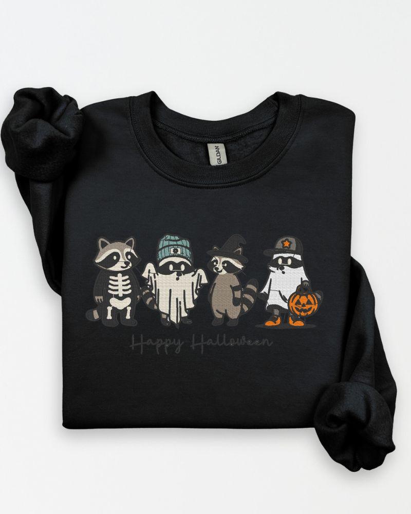 Happy Halloween Raccoon Sweatshirt – Embroidered Cute Fall Crewneck, Cozy Autumn Sweater for Animal Lovers, Spooky Season Unisex Top