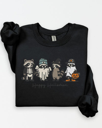 Happy Halloween Raccoon Sweatshirt – Embroidered Cute Fall Crewneck, Cozy Autumn Sweater for Animal Lovers, Spooky Season Unisex Top