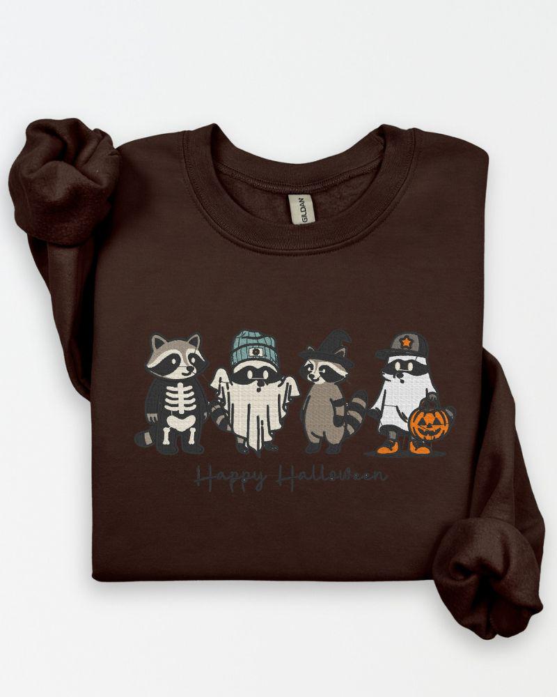 Happy Halloween Raccoon Sweatshirt – Embroidered Cute Fall Crewneck, Cozy Autumn Sweater for Animal Lovers, Spooky Season Unisex Top