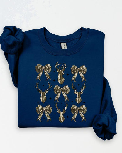 Camo Deer and Bow Sweatshirt – Cozy Crewneck for Hunters, Outdoor Moms, Fall and Winter Country Outfit