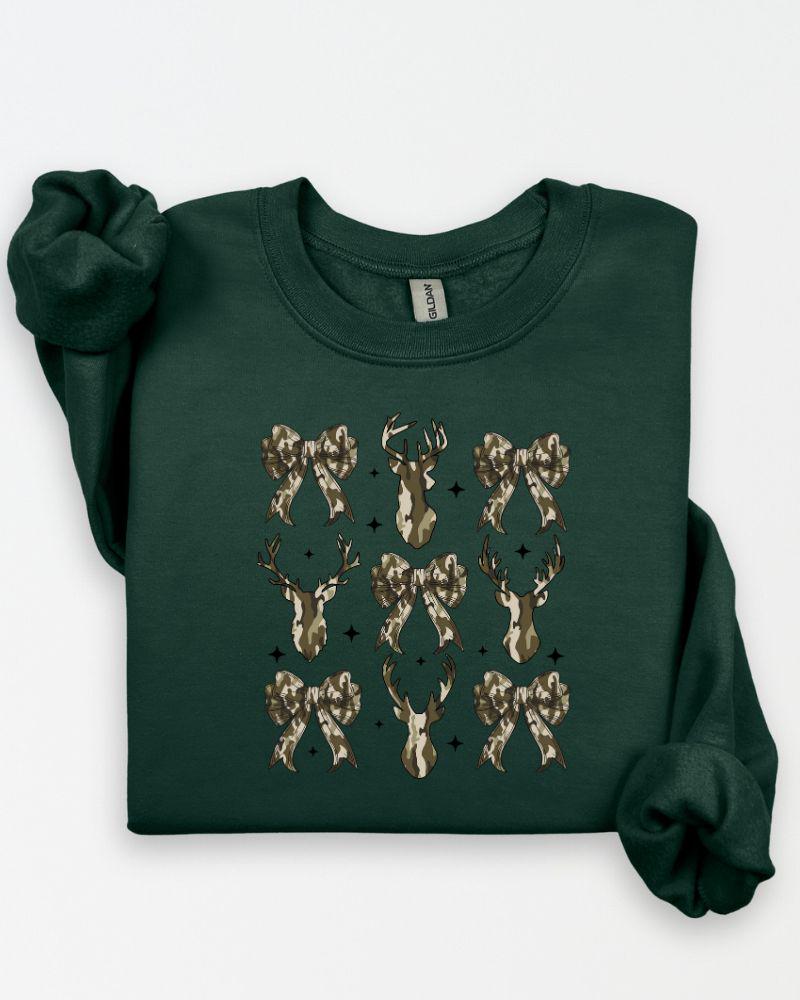 Camo Deer and Bow Sweatshirt – Cozy Crewneck for Hunters, Outdoor Moms, Fall and Winter Country Outfit