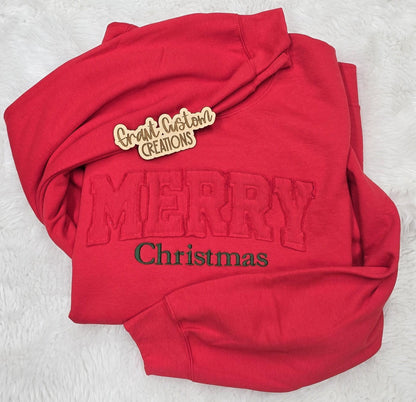 Merry Christmas raggy applique sweatshirt with textured embroidered lettering