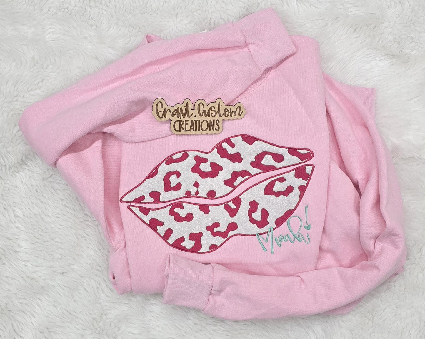 Trendy Valentine embroidered Sweatshirt, Leopard Lips Pink Crewneck, Custom Name Gift for Her, Cozy Valentine Outfit