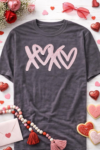 Valentine XOXO raggy applique shirt on Comfort Colors unisex tee