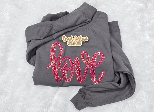 Love sequin Valentine sweatshirt with pink sequin embroidery on gray crewneck