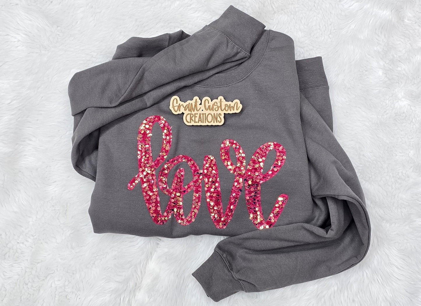 Love Sequin Sweatshirt, Valentine’s Day Crewneck, Pink Sequin Embroidery Pullover, Cozy Romantic Gift for Her