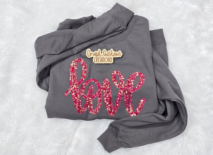 Love Sequin Sweatshirt, Valentine’s Day Crewneck, Pink Sequin Embroidery Pullover, Cozy Romantic Gift for Her