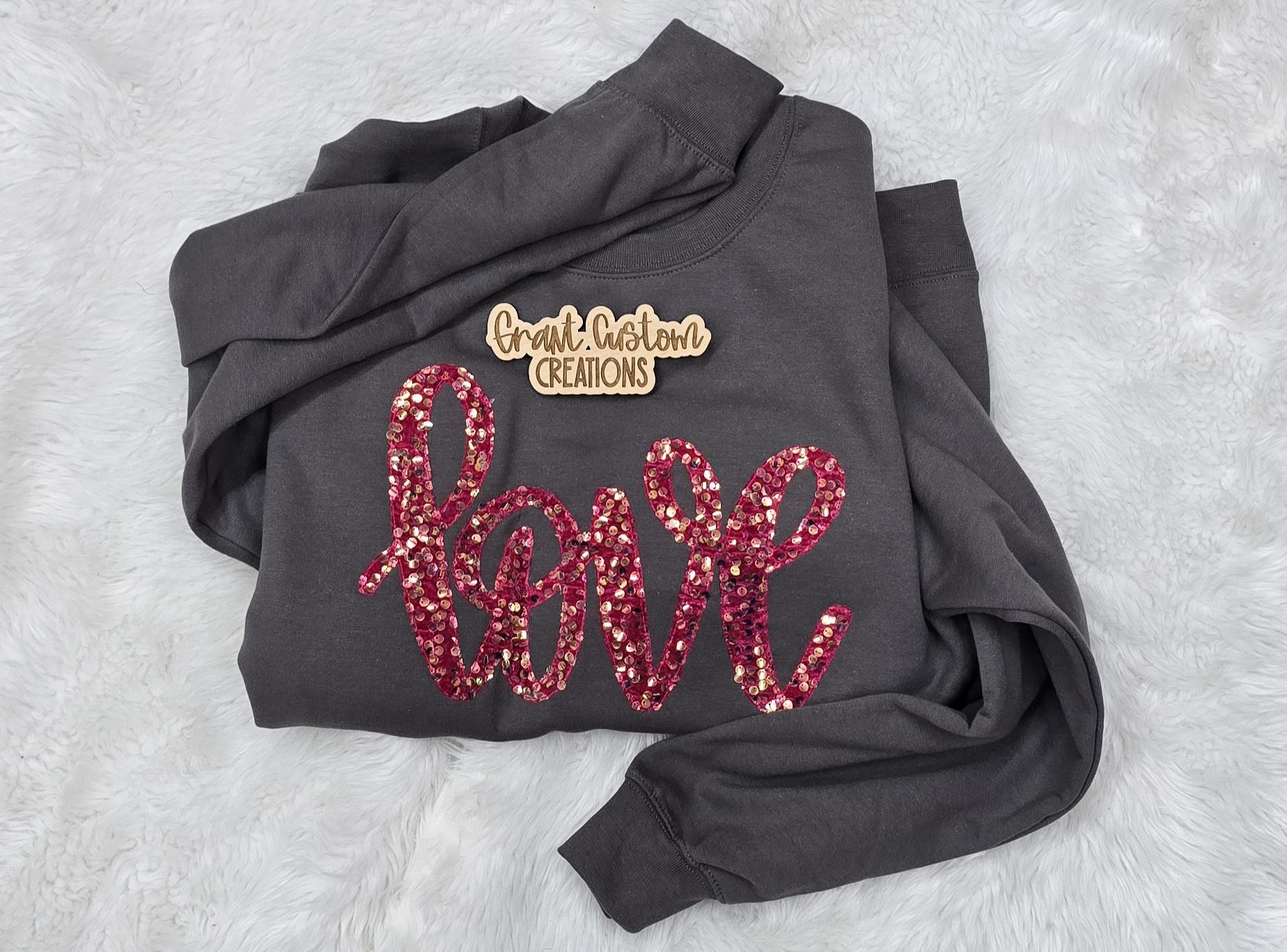 Love Sequin Sweatshirt, Valentine’s Day Crewneck, Pink Sequin Embroidery Pullover, Cozy Romantic Gift for Her
