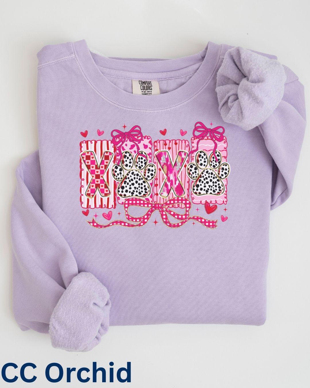 XOXO paw print Valentine dog shirt printed on Comfort Colors orchid crewneck