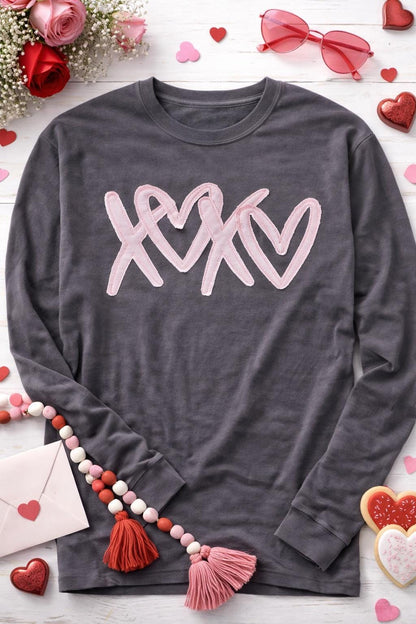 Valentine XOXO raggy applique shirt on Comfort Colors unisex long sleeve tee
