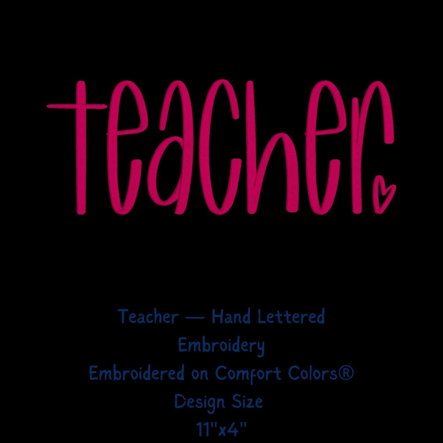 Hand lettered teacher embroidery design preview shown in pink script on black background