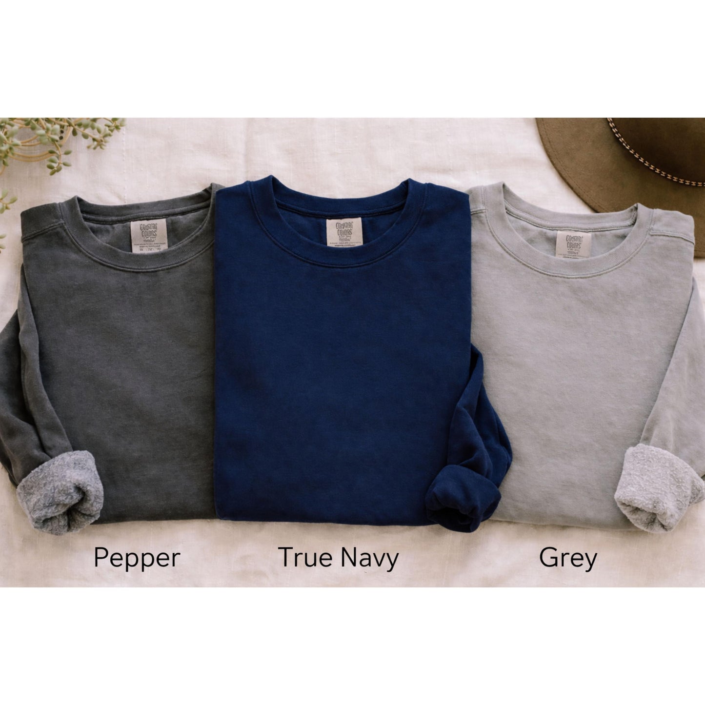 Comfort Colors sweatshirt color options including Pepper, Grey, and True Navy for embroidered teacher sweatshirt