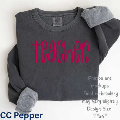 Product mockup disclaimer noting final embroidered teacher sweatshirt may vary slightly from preview
