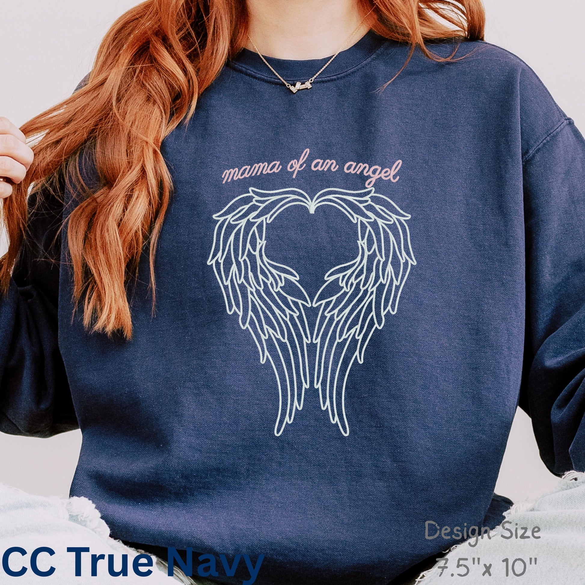 Woman wearing Mama of an Angel sweatshirt, pregnancy and baby loss memorial clothing for mothers