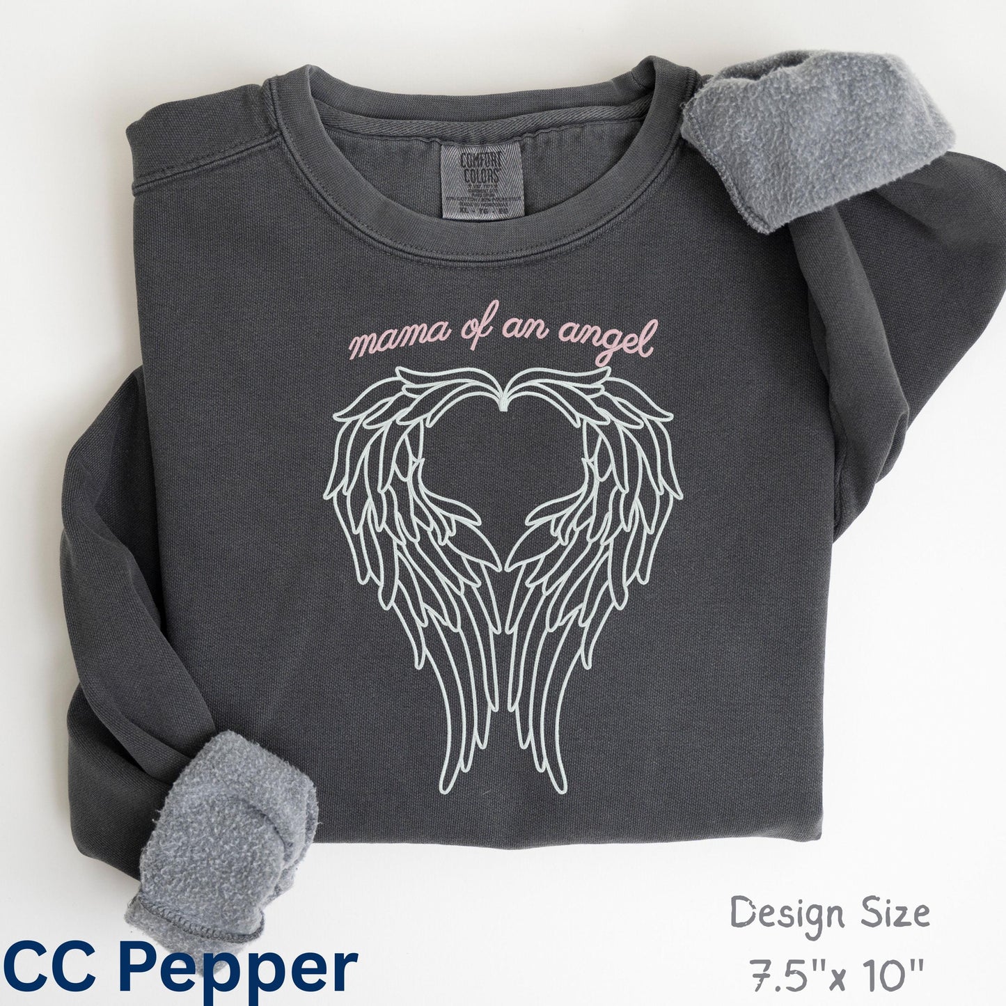 Mama of an Angel sweatshirt in CC Pepper with angel wings heart design, infant loss memorial crewneck
