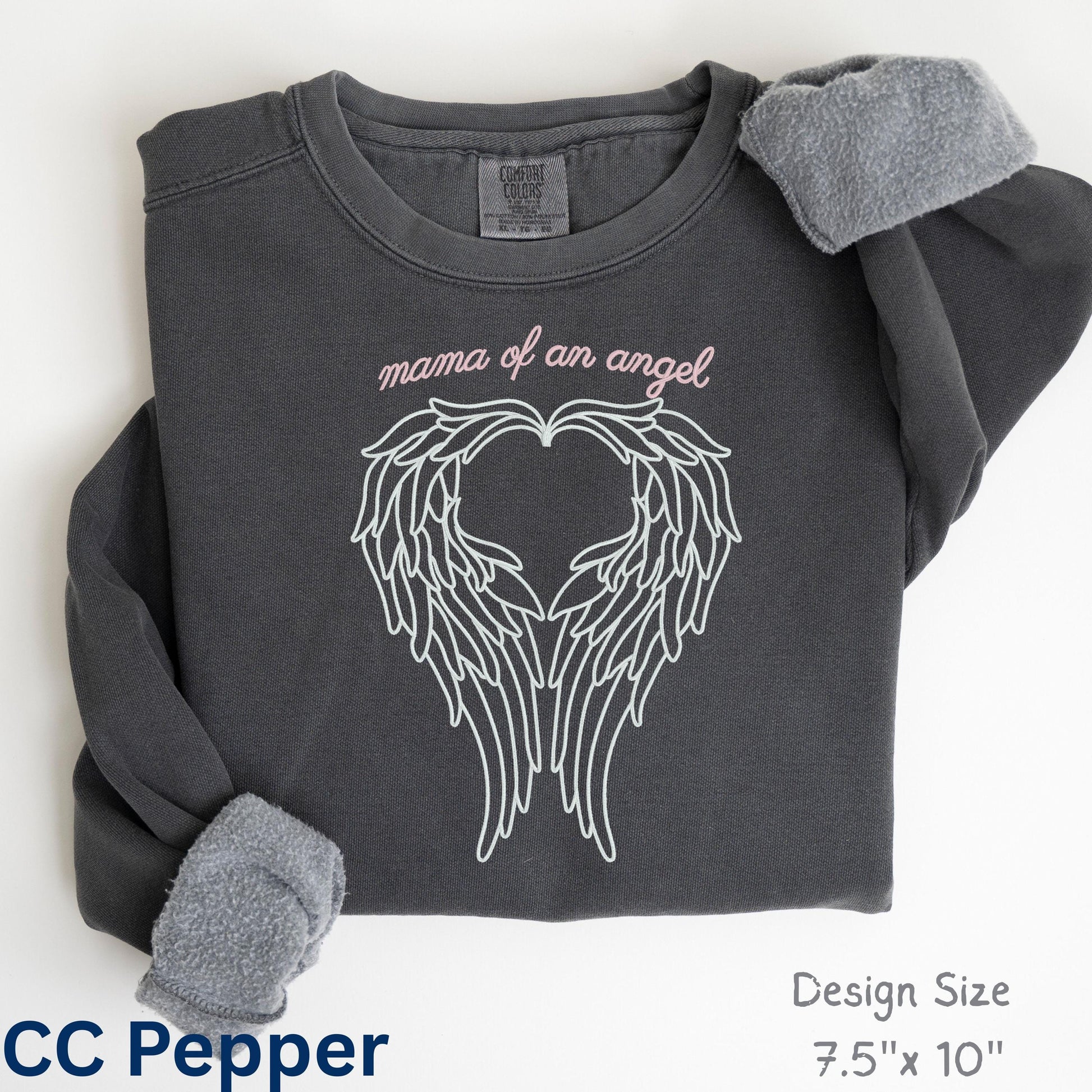 Mama of an Angel sweatshirt in CC Pepper with angel wings heart design, infant loss memorial crewneck
