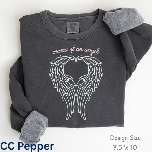 Mama of an Angel sweatshirt in CC Pepper with angel wings heart design, infant loss memorial crewneck