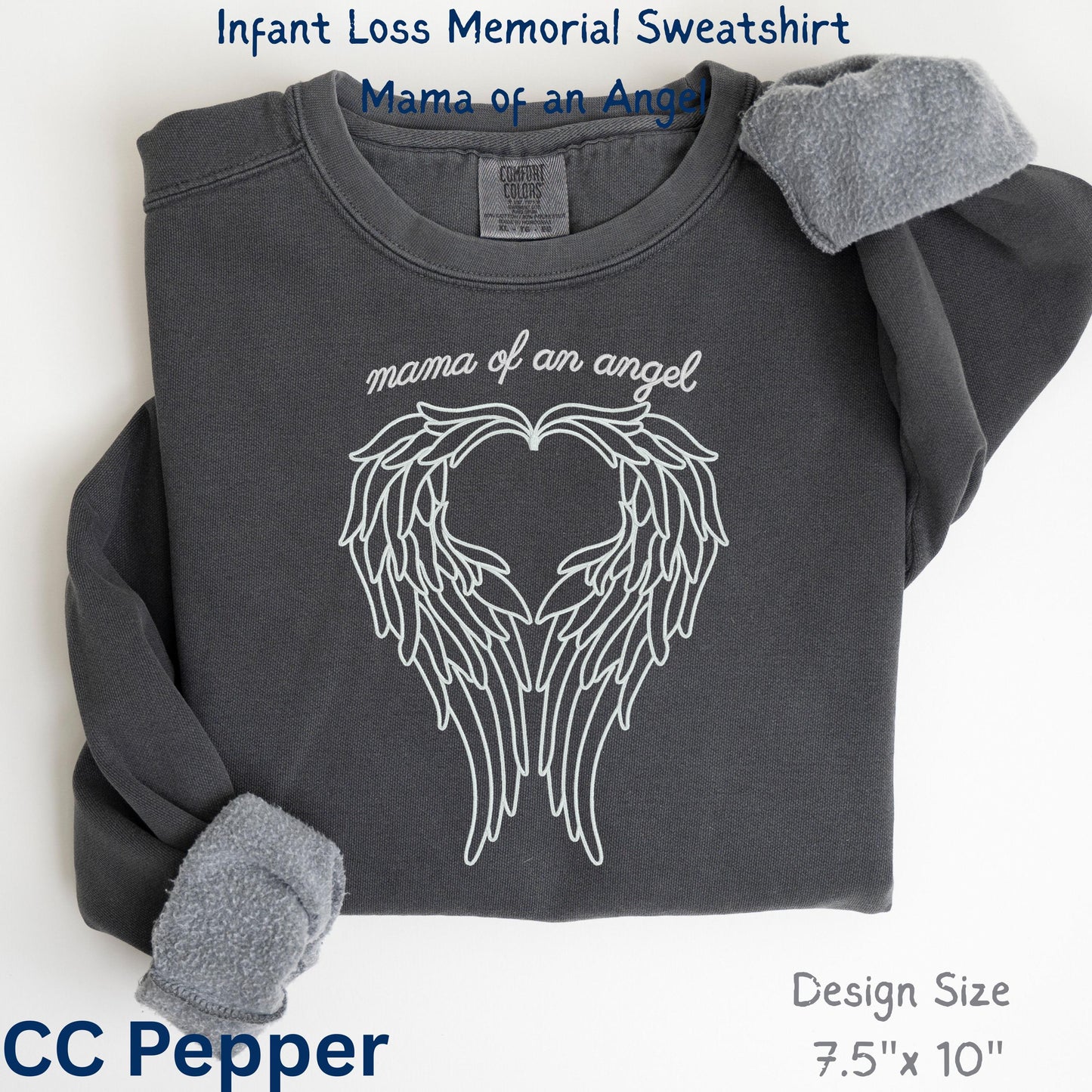 Mama of an Angel infant loss memorial sweatshirt in CC Pepper, angel wings heart design for bereaved mother after miscarriage or stillbirth