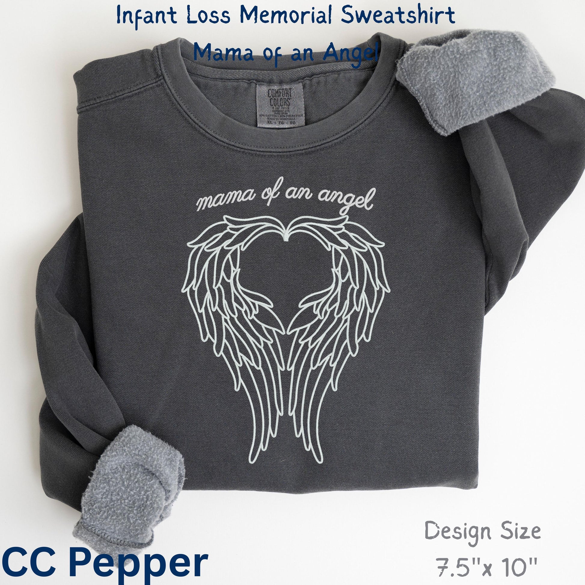Mama of an Angel infant loss memorial sweatshirt in CC Pepper, angel wings heart design for bereaved mother after miscarriage or stillbirth