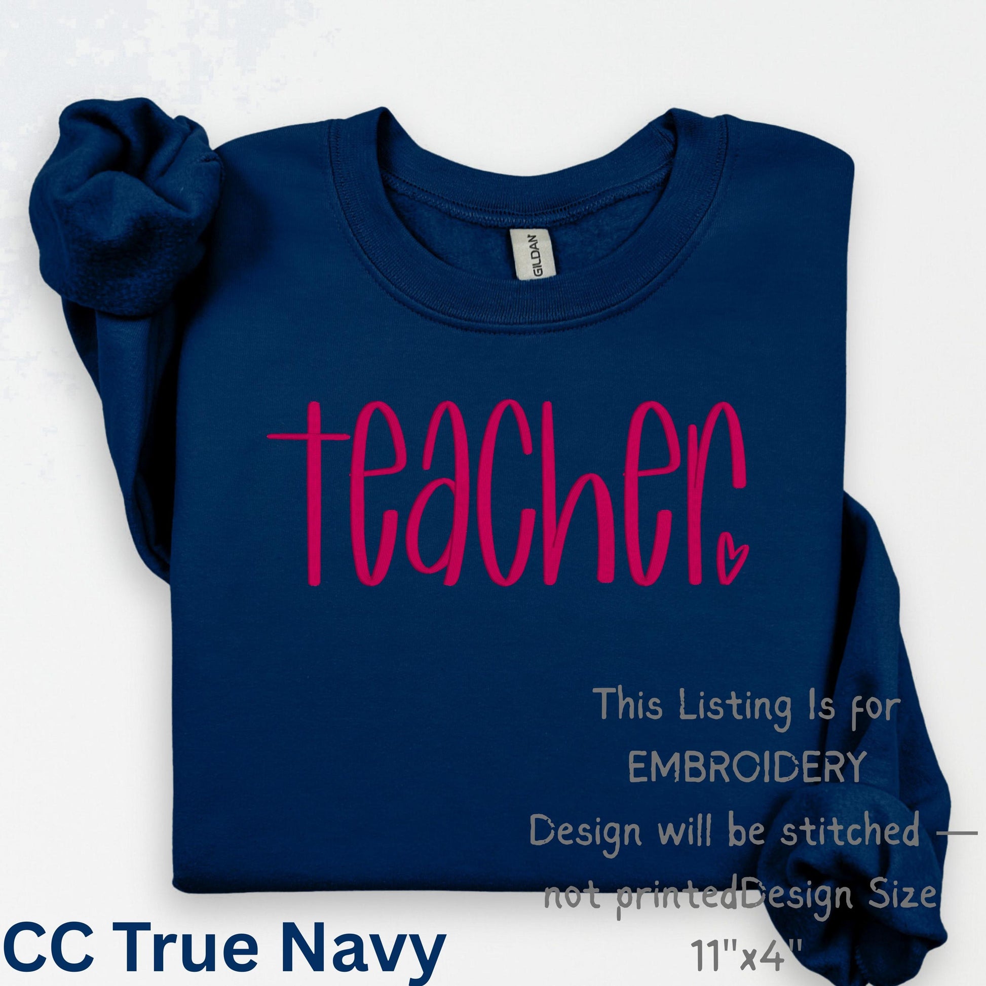 Blank Comfort Colors sweatshirt mockup explaining embroidered teacher design will be stitched, not printed