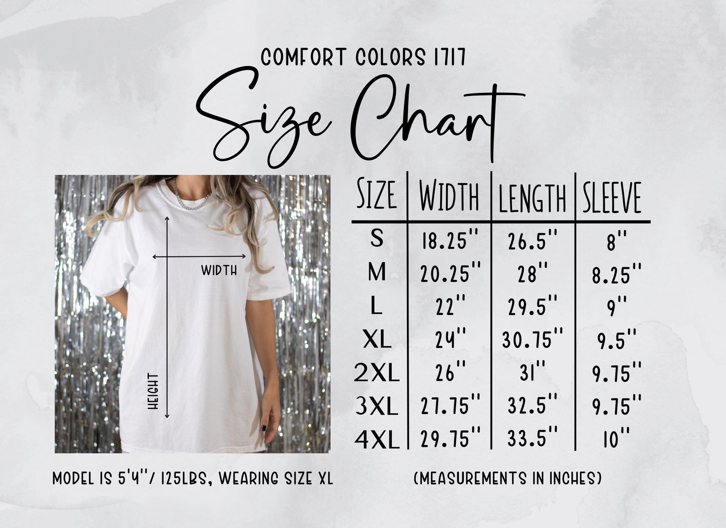 Comfort Colors Size chart for the 1717 Tshirt