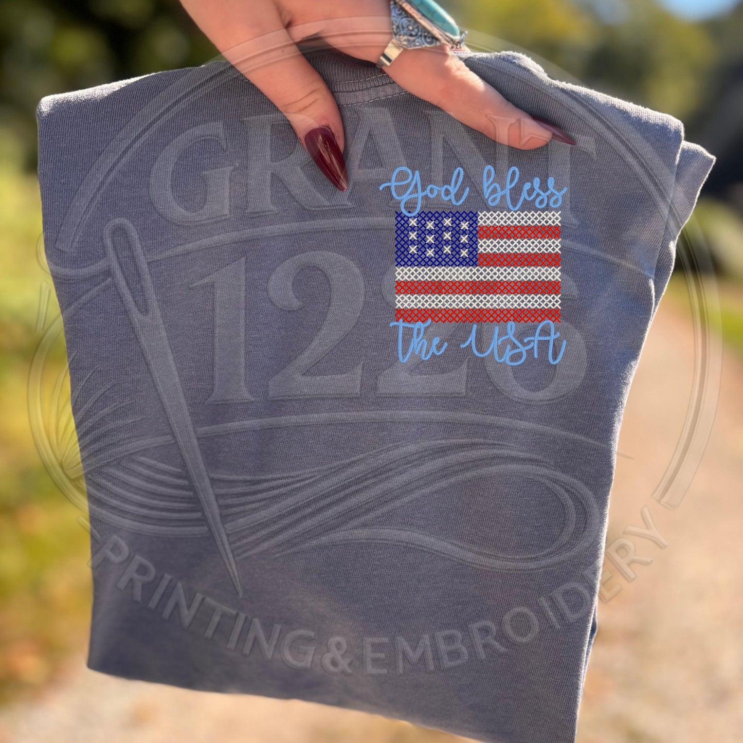Blue Jean Comfort Colors tee with left chest God Bless the USA embroidery