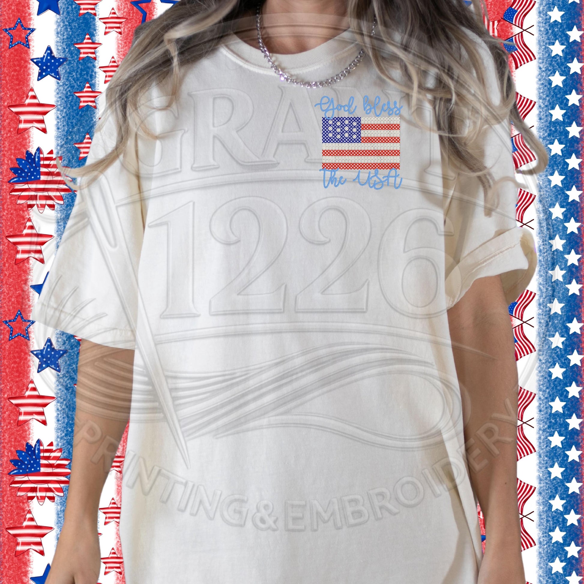 Ivory Comfort Colors patriotic shirt with God Bless the USA embroidered flag design