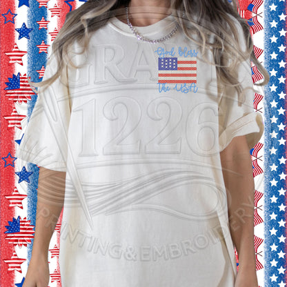 Ivory Comfort Colors patriotic shirt with God Bless the USA embroidered flag design