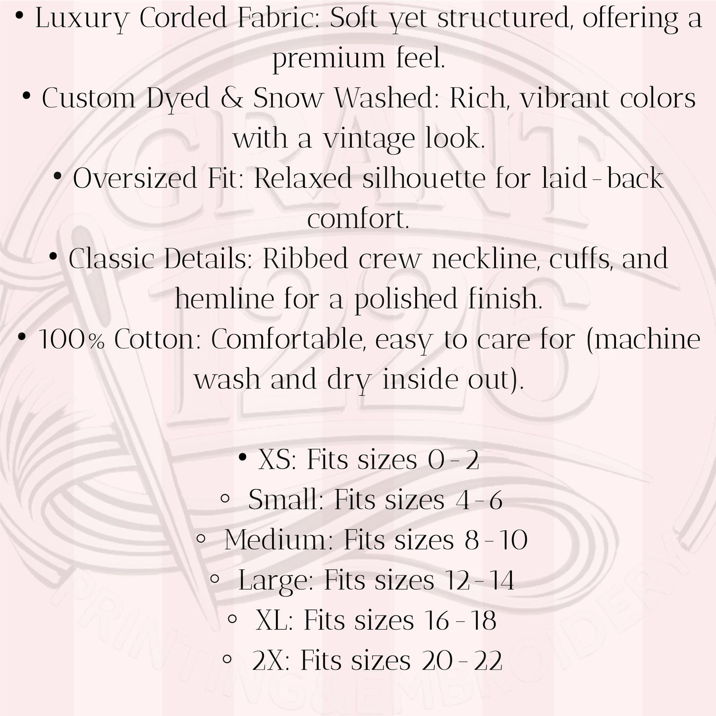 Size and fabric details for blue corded USA sweatshirt including oversized fit, cotton fabric, and care instructions.
