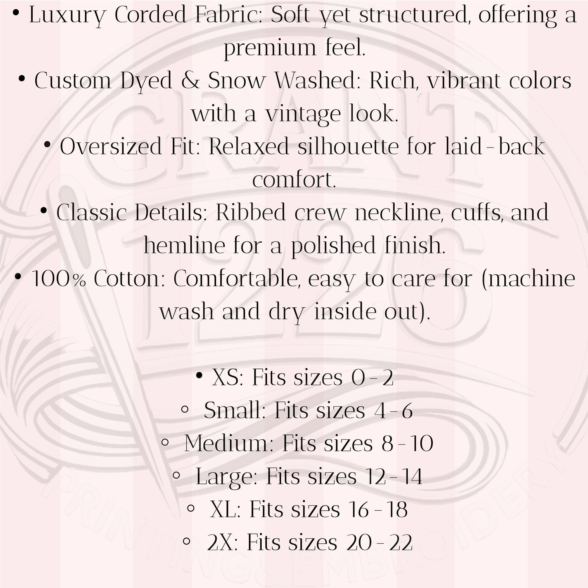 Size and fabric details for blue corded USA sweatshirt including oversized fit, cotton fabric, and care instructions.