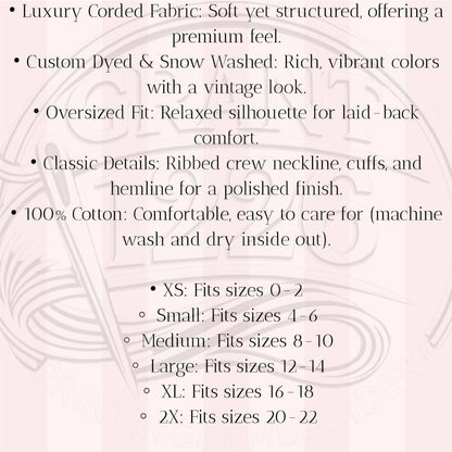Size and fabric details for blue corded USA sweatshirt including oversized fit, cotton fabric, and care instructions.