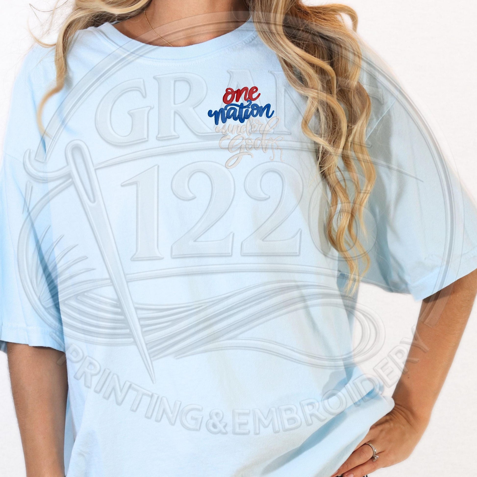 Chambray Comfort Colors embroidered patriotic faith shirt for Fourth of July