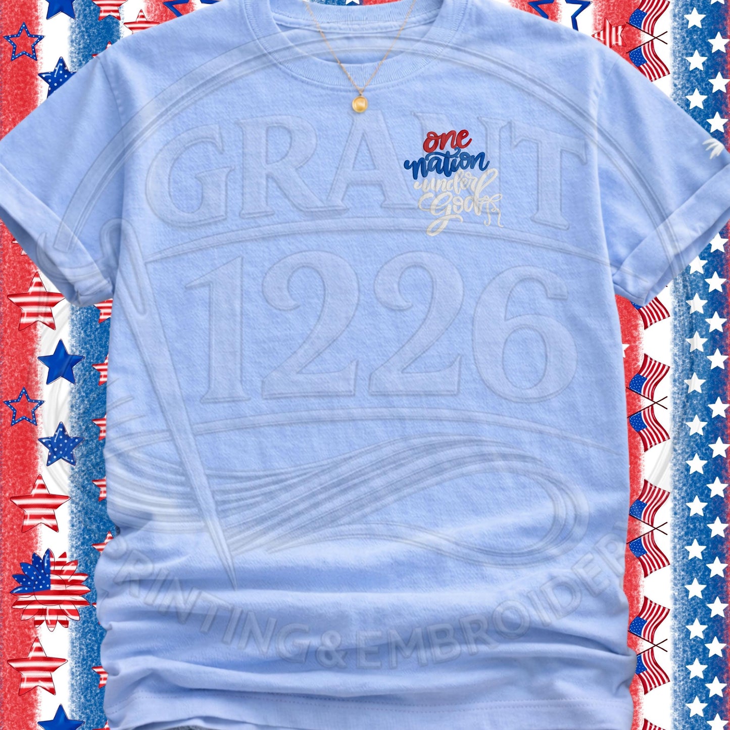 Patriotic Christian embroidery on chambray tshirt