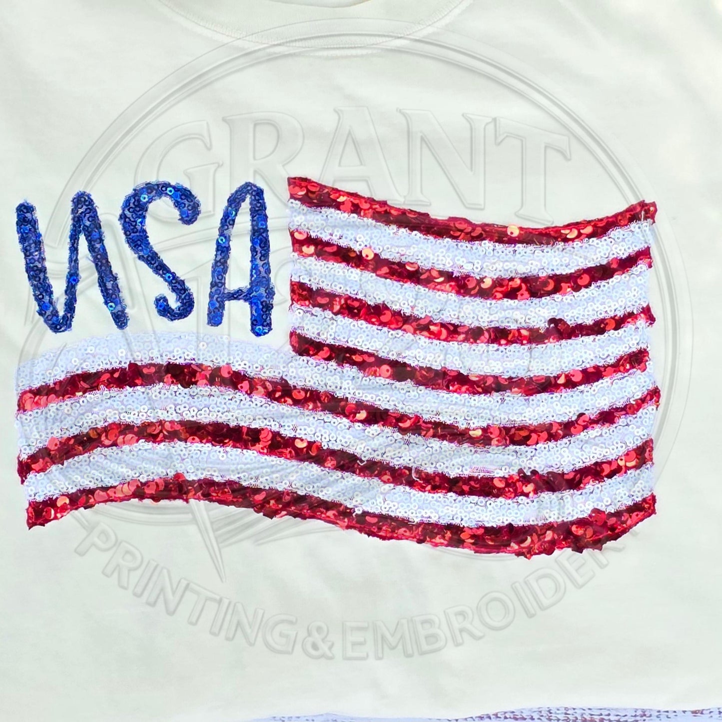 Patriotic Comfort Colors shirt photographed in natural outdoor lighting.