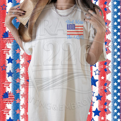 Model wearing ivory patriotic God Bless the USA embroidered shirt
