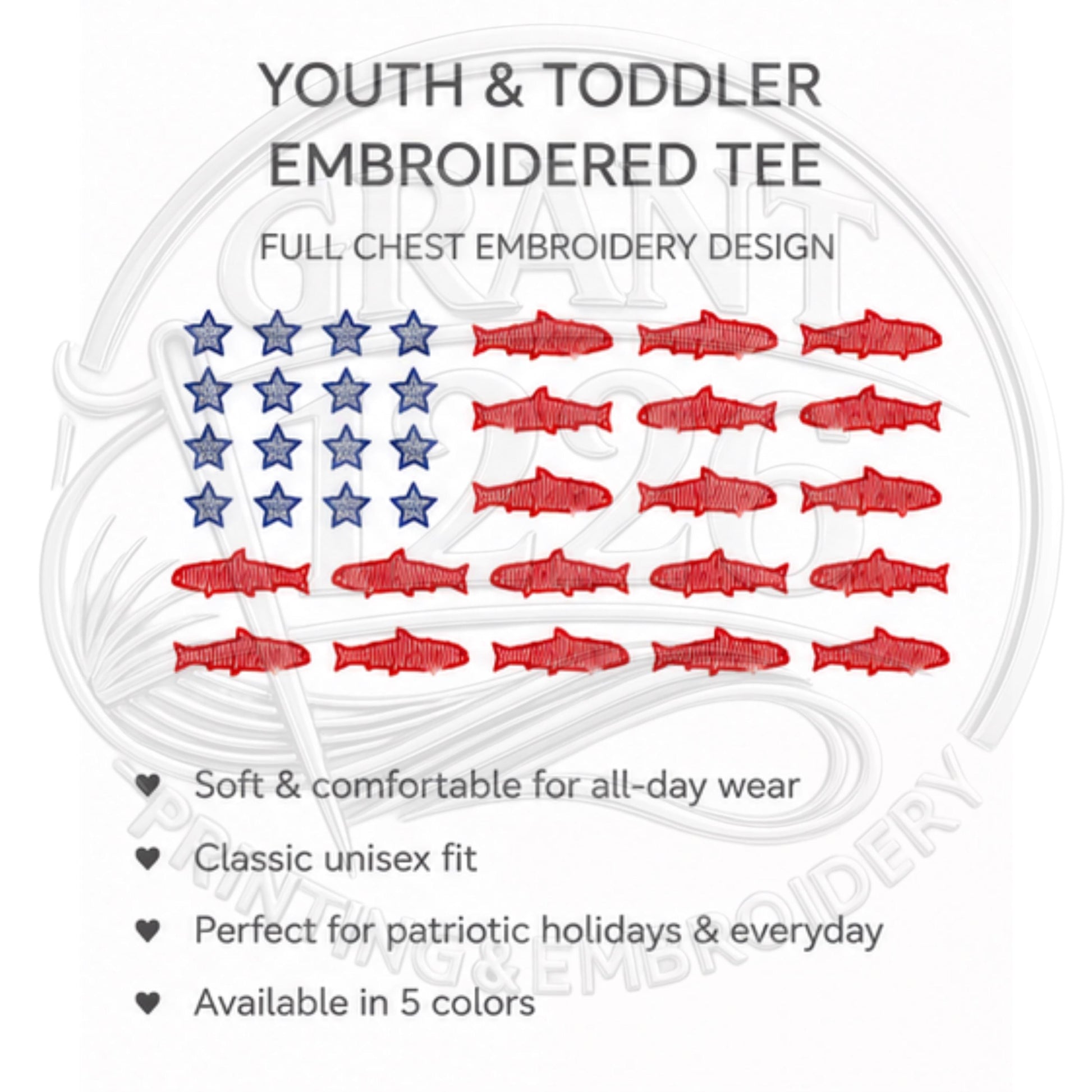 Youth and toddler embroidered patriotic tee information graphic.