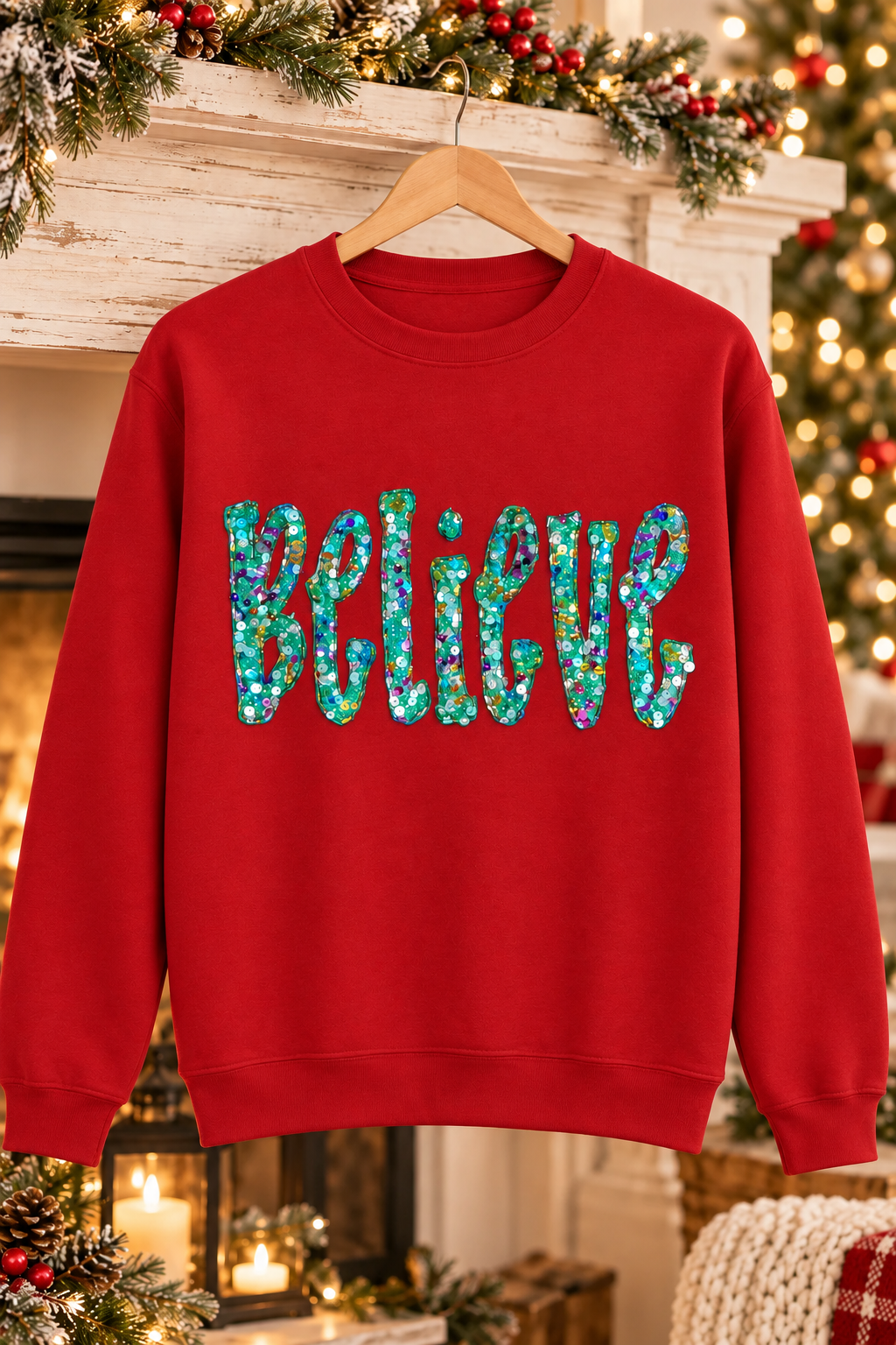 Mockup of red Believe sequin appliqué crewneck sweatshirt hanging by a Christmas mantel