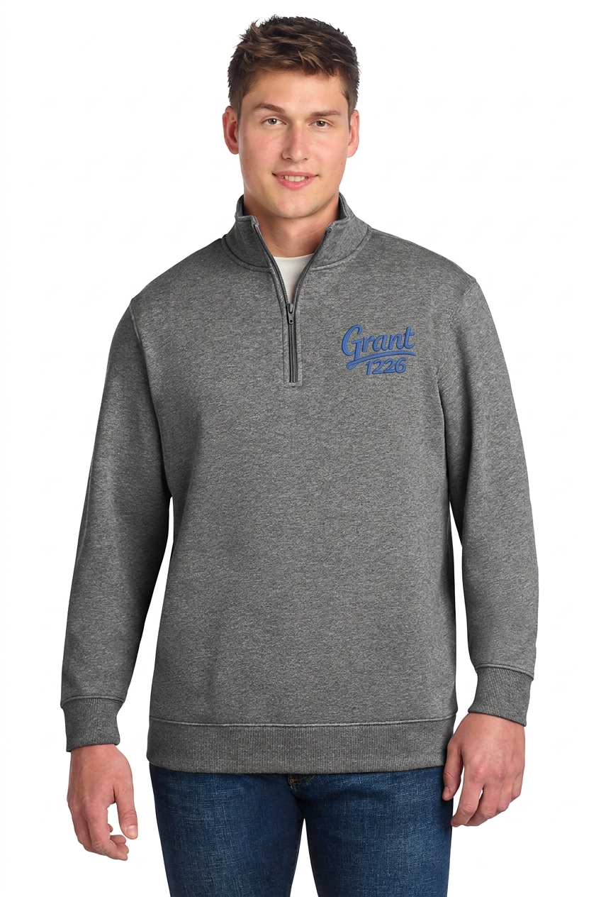 Vintage Heather quarter-zip fleece pullover mockup with blue Grant 1226 left-chest embroidery