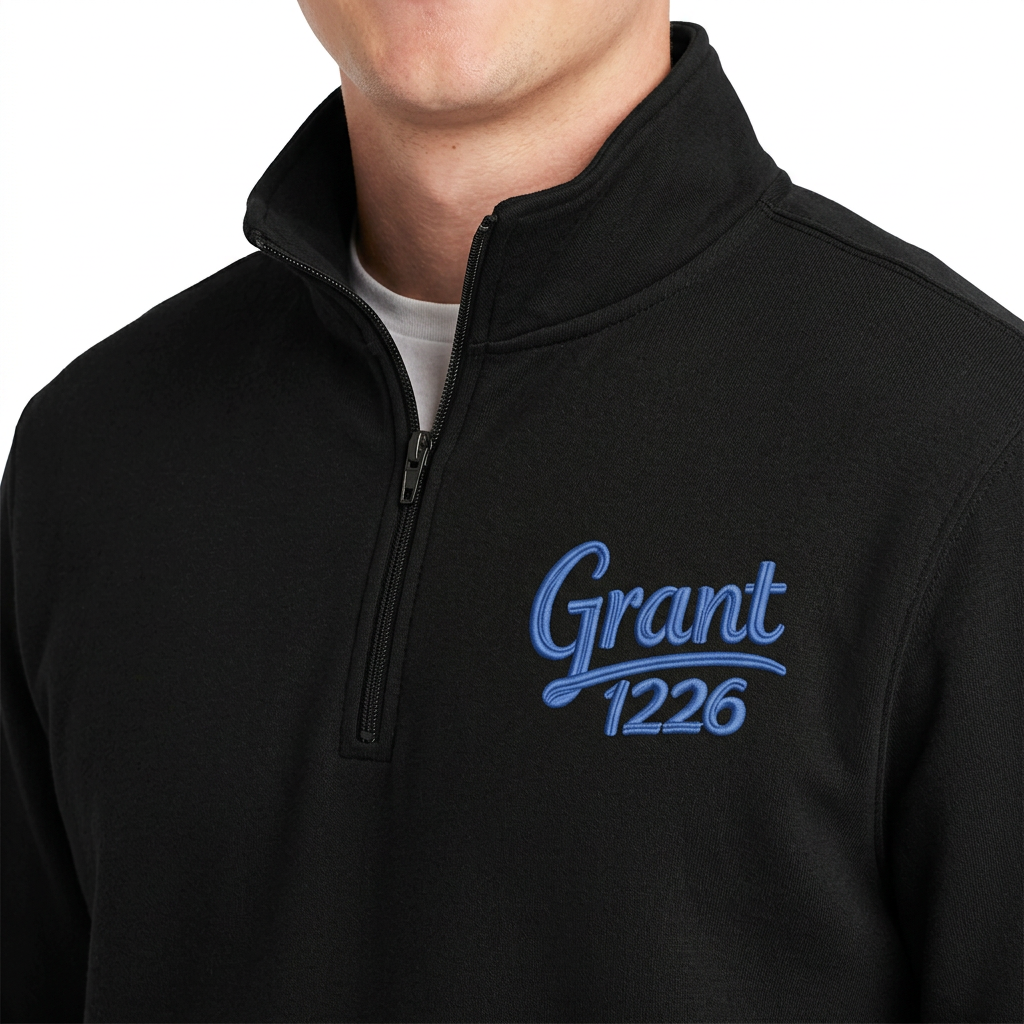 Close-up mockup of blue Grant 1226 embroidery on a black fleece quarter-zip pullover