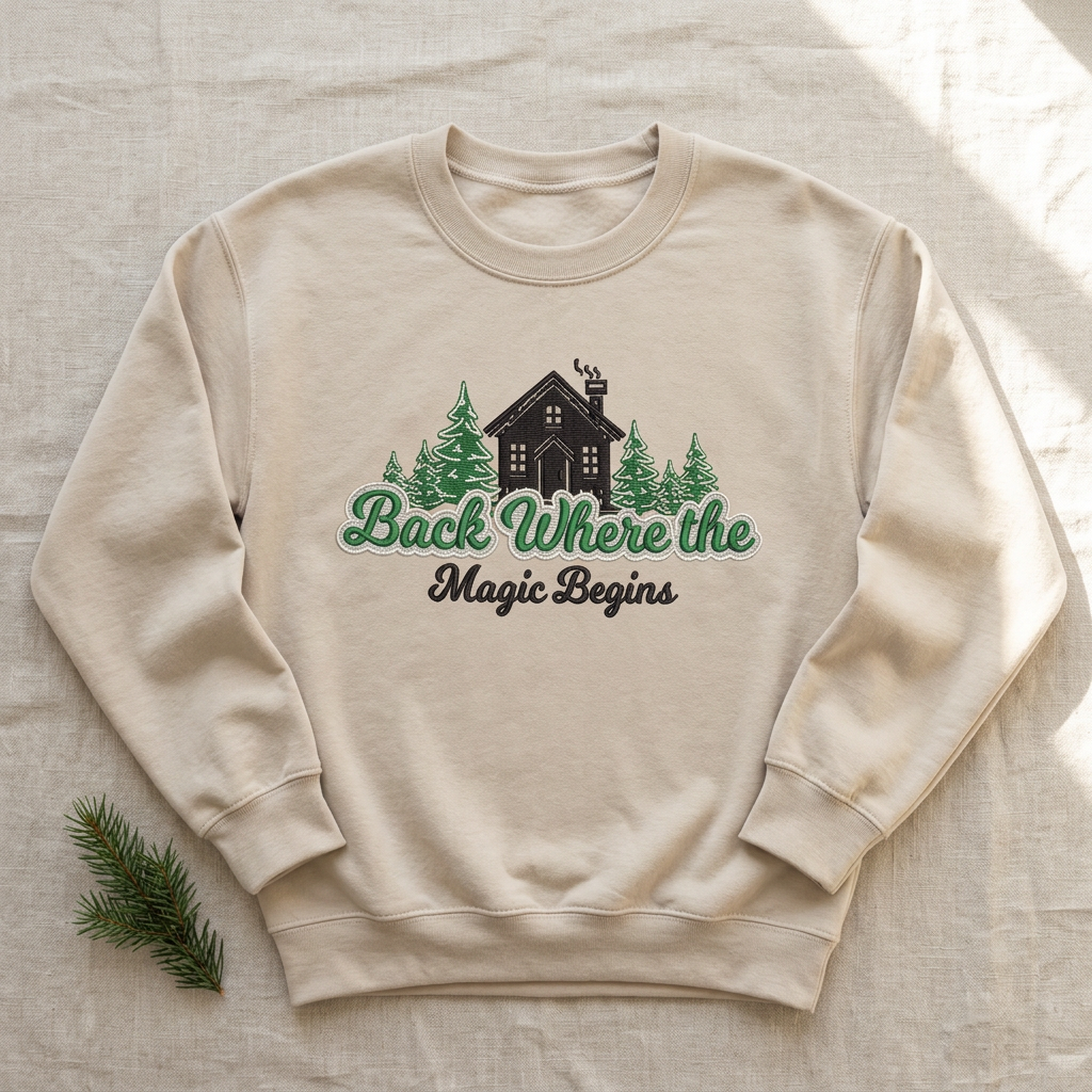 Sand crewneck sweatshirt flat-lay mockup with cabin, evergreen trees, and Back Where the Magic Begins embroidery