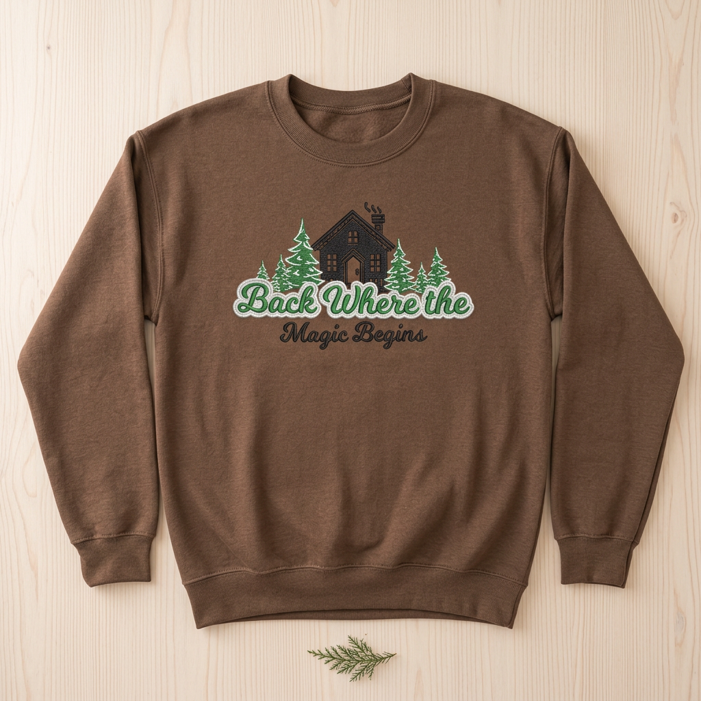 Brown Savanna crewneck sweatshirt flat-lay mockup with cabin, evergreen trees, and Back Where the Magic Begins embroidery