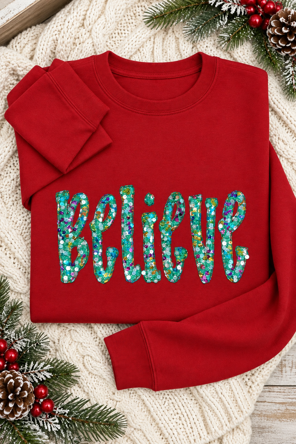 Mockup of red Believe sequin appliqué crewneck sweatshirt in a holiday flat lay