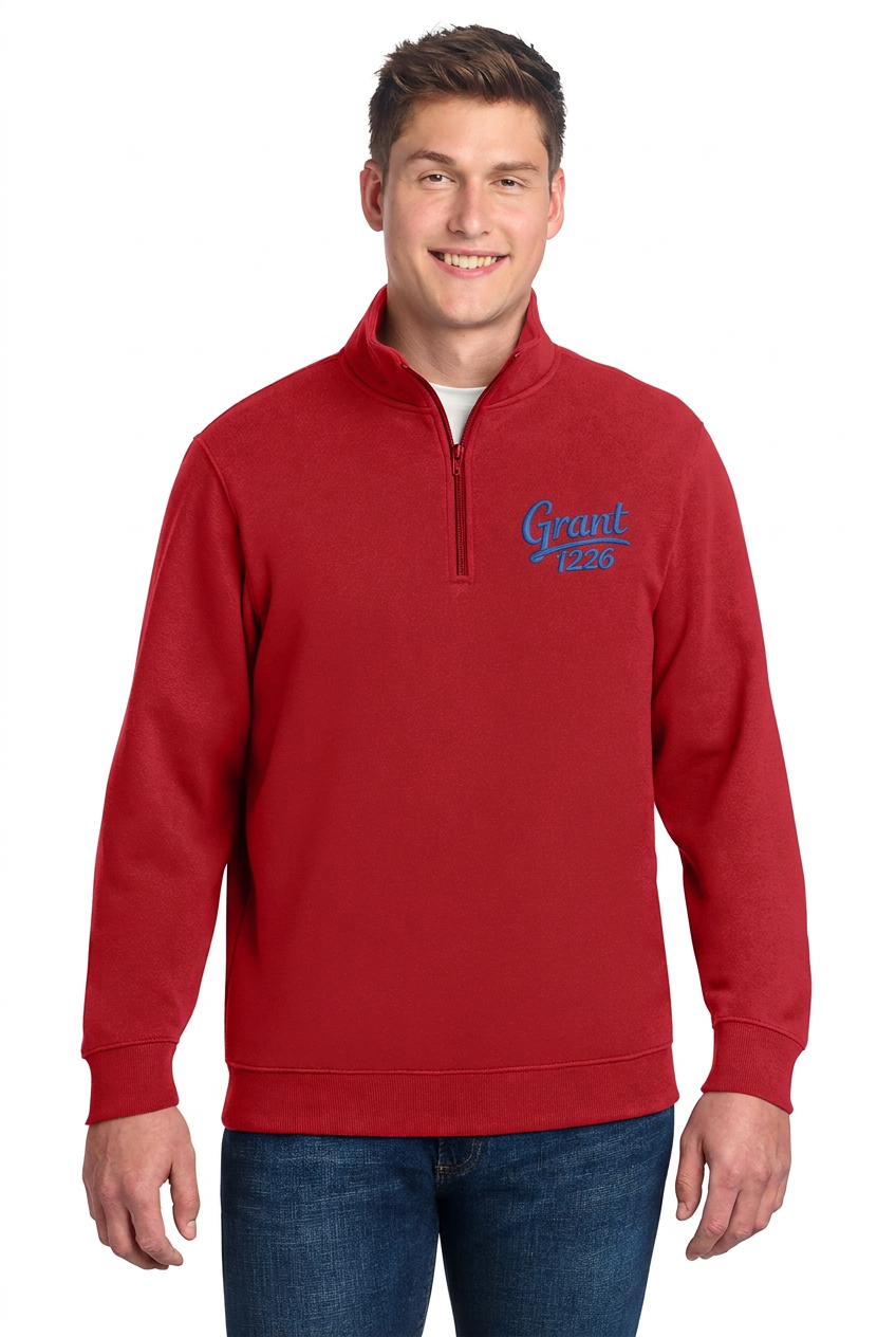 True Red quarter-zip fleece pullover mockup with blue Grant 1226 left-chest embroidery